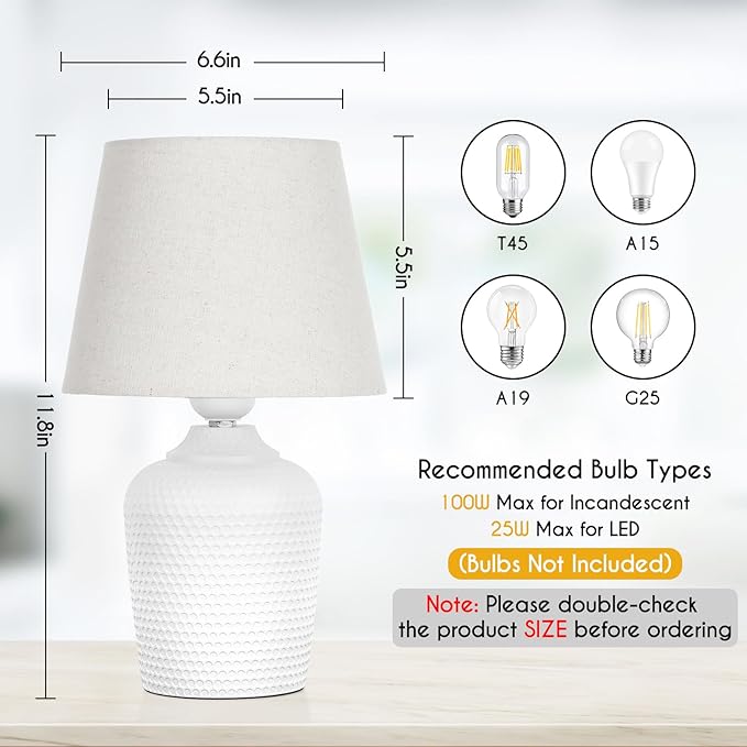 Small Table Lamps Set of 2 - Modern Bedside Nightstand Lamps with Textured Base