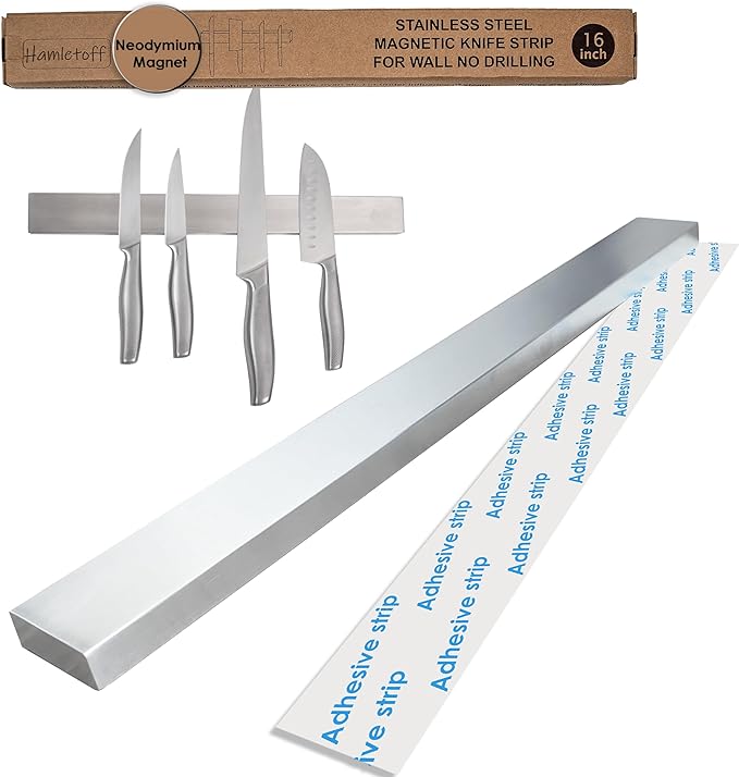 Premium Magnetic Knife Strip for Wall no Drilling – 16 Inch Stainless Steel Magnetic Knife Holder with Neodymium Magnet Strong Adhesive Tape - Lightweight Kitchen Magnet Knife Bar
