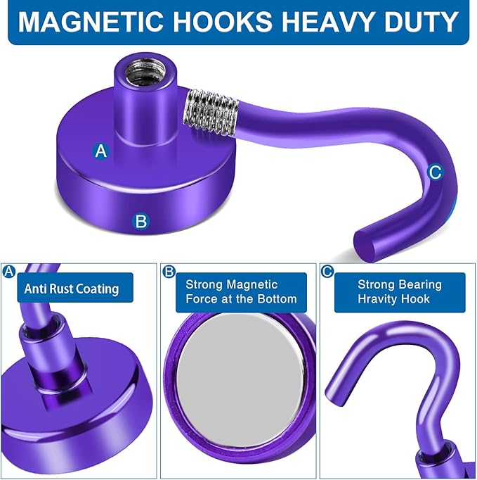 LOVIMAG Magnetic Hooks, Strong Magnets,85Lb Magnet Hooks Heavy Duty, Purple Strong Magnets Hooks for Cruise Cabins,Magnets Hook for Refrigerator, Cruise Accessories, Magnetic Key Holder-12Pack