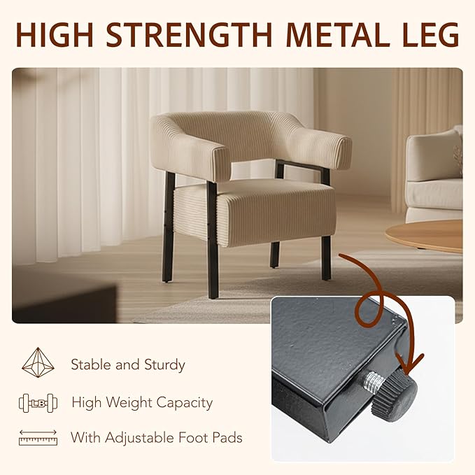 Grey Corduroy Accent Chair - Modern Upholstered Armchair for Living Room & Bedroom