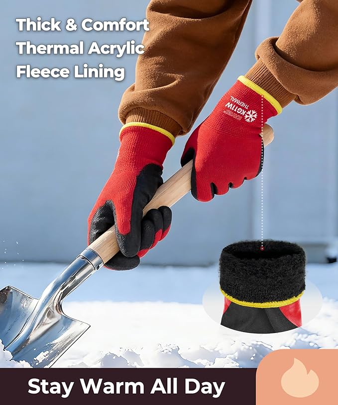 12 Pairs Winter Work Gloves for Men and Women, Thermal Insulated Safety Work Gloves PU Coated, Super Grip,Ideal for Freezer Work,Red,L