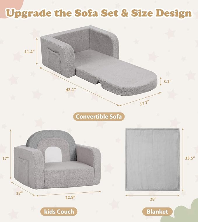 Kids Couch, 2-in-1 Soft Toddler Couch Fold Out with Blanket, Comfy Toddler Chair, Convertible Sofa, Gifts for Kids Girl Boys, Medium Grey Rainbow