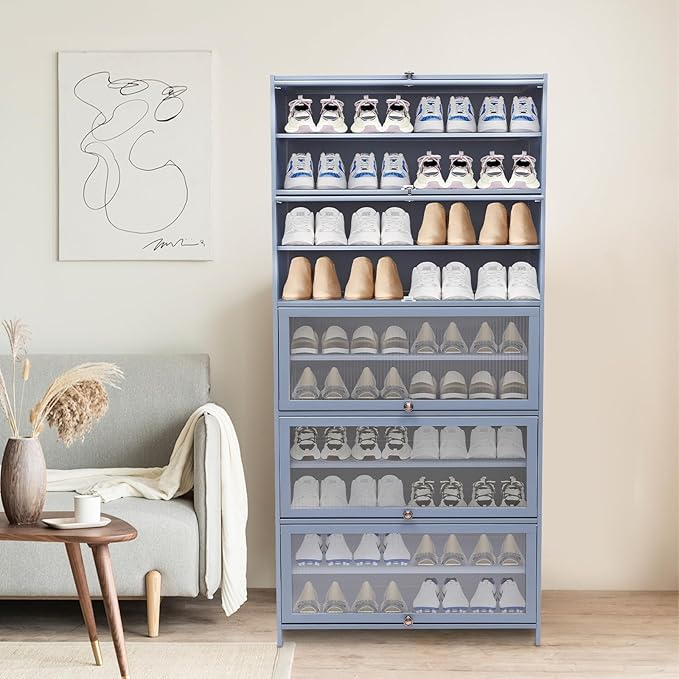 10 Tiers Shoe Rack, Bamboo Shoe Cabinet with Flip Doors Freestanding Shoe Shelf Storage Organizer for Closet, 40-45 Pairs Large Capacity Shoe Storage Cabinet for Closet, Hallway (Grayish Blue)