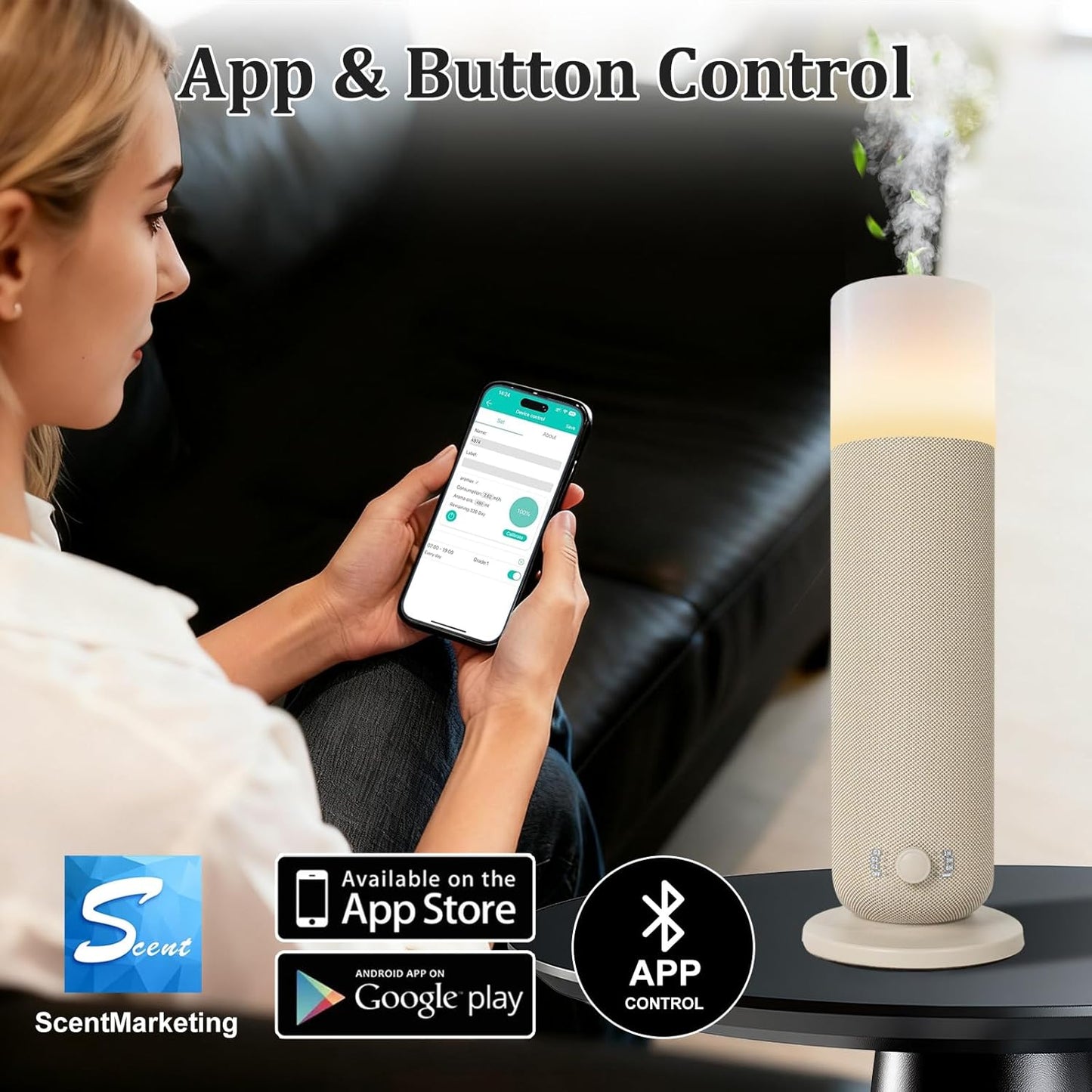 Smart Waterless Essential Oil Diffuser,Scent Diffuser for Home,Hotel Collection Diffuser APP Control,Ambient Lighting,Covers Up to 2000 Sq.Ft Aromatherapy Diffuser for Bedroom Spa Yoga Office Beige