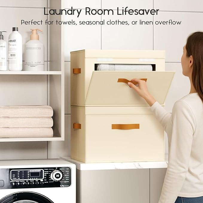 Large Storage Bins with Lids - Front Opening Fabric Storage Bins, Flap Closet Organizer with Handles, Collapsible Boxes with Lid, Decorative Basket for Home, Dorm, 6 Pack, Beige