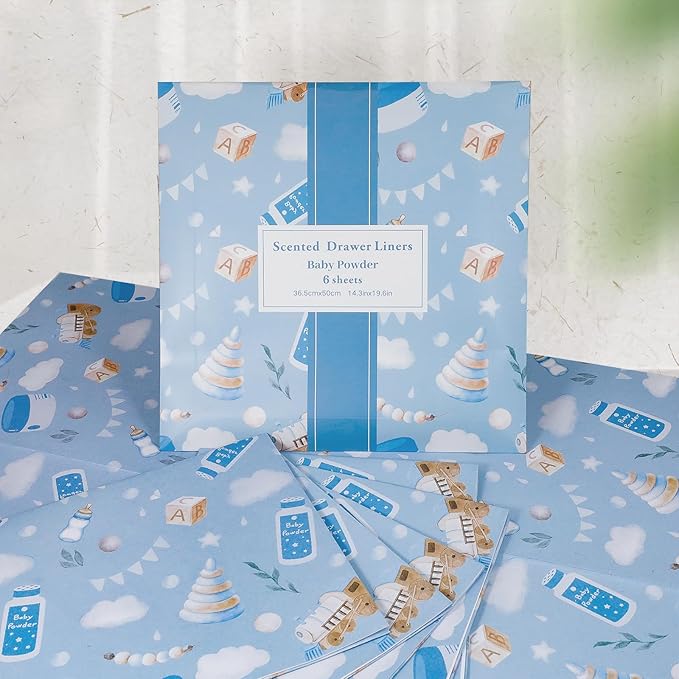 SCENTORINI Scented Drawer Liners for Dresser, 12 Sheets Baby Powder Scent Drawer Paper Liners,14.3x19.5 Inch Scented Paper Sheets for Home Shelf Closet Bedroom Drawers