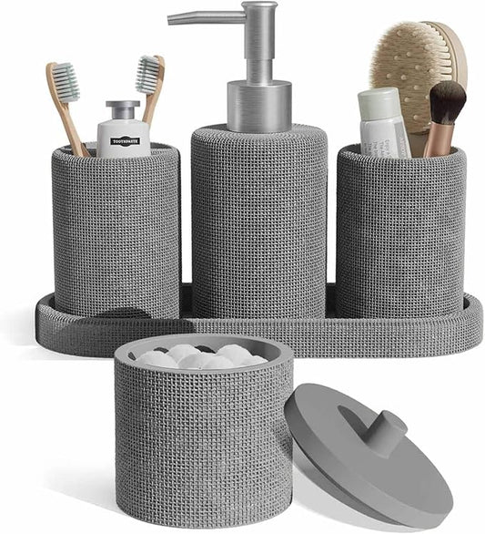 Clara Clark Bathroom Set - Grey Bathroom Accessories Set, 5PC Bathroom Accessory Set, Bathroom Sets with Soap Dispenser, Toothbrush Holder, Tumbler, Cotton Swab Jar & Vanity Tray