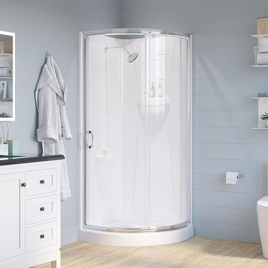 OVE Decors Breeze 34 in. Corner Shower Clear Sliding Door with Walls and Base in Satin Nickel Finish