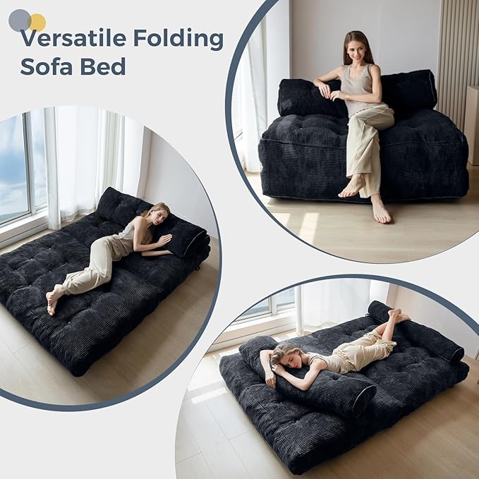 MAXYOYO Folding Sofa Bed, Convertible Sleeper Chair with Pillow Foldable Mattress with Back Support, Portable Fold Out Chair Bed Comfy Floor Sofa Lounge for Living Room Bedroom, Black Double