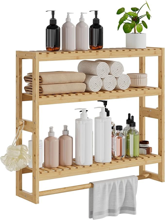RRX Bathroom Shelf Storage Organizer, Bathroom Shelf 3-Tier Adjustable Layer Bamboo Organizer with Bar, Hanging, Freestanding Over Toilet Utility Shelves, Beige
