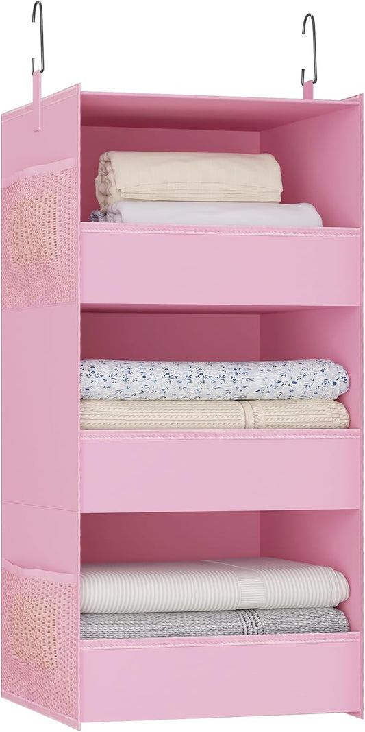 3-Shelf Hanging Closet Organizer and Storage, Foldable Hanging Closet Shelves Front Lip Design Washable Hanging Storage, Pink