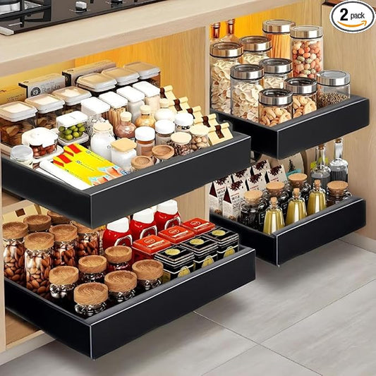 4Pack Expandable Pull Out Cabinet Organizer 21" Deep - Sliding Drawer Organizer Roll Out Shelves Adhesive - Adjustable Width 15.2"-26.2" W (Black)