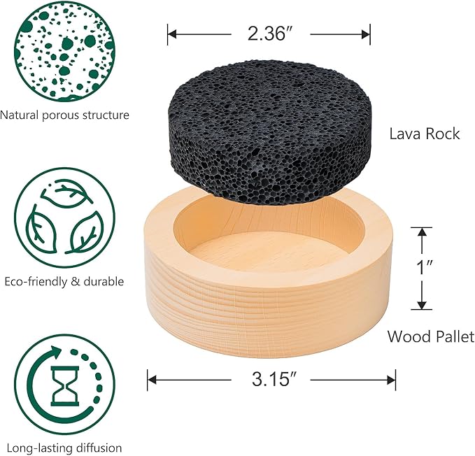 3 Pcs Lava Rock Essential Oil Diffusers -1 Lava Stone Passive Diffuser with Wood Bottom and 2 Wooden Car Diffusers, Passive Diffuser for Home, Office, Bedroom, Bathroom, Sauna Room, Car Air Freshener