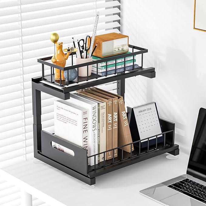 Under Sink Organizer, Heavy Duty Metal Slide Out Sink Shelf Organizer Height Adjustable, Multi-Purpose Storage Shelf for Kitchen Bathroom (Black,2Pack)
