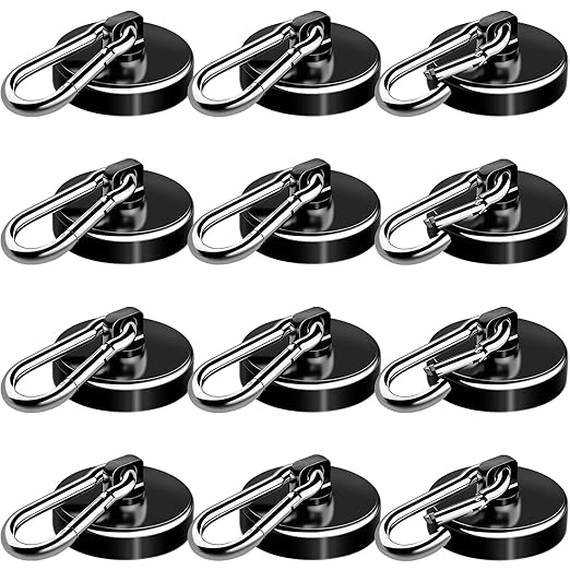 E BAVITE Carabiner Magnetic Hooks, 110LBS Strong Black Magnetic Hooks Heavy Duty with Swivel Carabiner Hook, Great for Hanging for Cruise, Garage, Kitchen, Refrigerator, Locker (12-Pack)