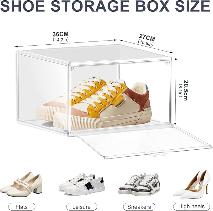 2 Pack Clear Shoe Boxes Size 12 Shoe Storage Organizer for Closet Stackable Shoes Rack Handbag Organizer Plastic Sneaker Storage Bin with Magnetic lids