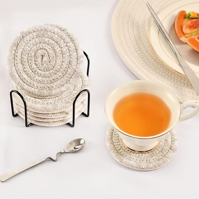 Minimalist Home Decor for Coffee Table, Kitchen, Drink Coasters, Geometric White Grey Silver Handmade Cotton Absorbent Coaster Set of 6, Housewarming and Wedding Registry Ideas