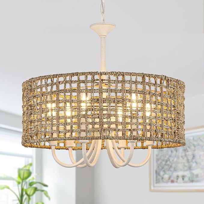 White Rattan Chandelier for Dining Room, 6-Light Boho Chandelier Light Fixture Hand-Woven Bohemian Coastal Hanging Pendant Lighting for Kitchen Living Room Foyer Entryway