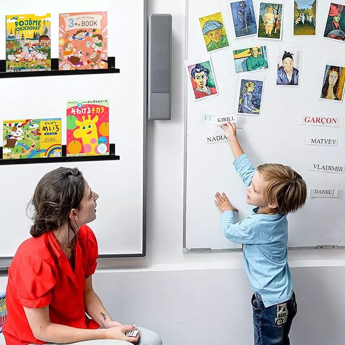 2 Pack Magnetic Book Shelf for Classroom, Strong 8.8lb Magnet Acrylic Whiteboard Shelves, Teacher Supplies Organizer for Kids Books, Posters, Flash Cards, Classroom Accessories Storage (Black)
