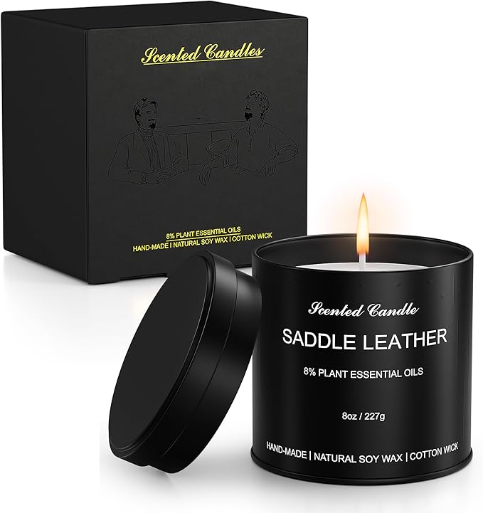 Scented Candles for Men - Saddle Leather Masculine Scented Candle, 8oz Luxury Soy Wax Candles with 8% Essential Oils, Scented Candle in Matte Black Tin, Gift of Men, Dad, Him