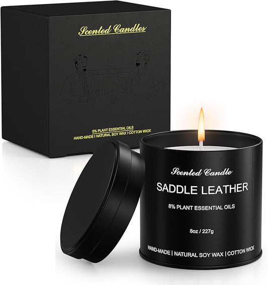 Scented Candles for Men - Saddle Leather Masculine Scented Candle, 8oz Luxury Soy Wax Candles with 8% Essential Oils, Scented Candle in Matte Black Tin, Gift of Men, Dad, Him