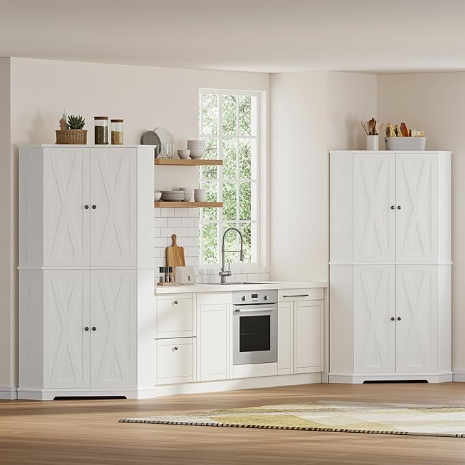 IRONCK Corner Cabinet, 72" H Kitchen Pantry Storage Cabinet, 4 Barn Doors with Storage Rack, 4 Adjustable Shelves, 6-Tier Tall Food Pantry Cabinet, Farmhouse Hutch for Kitchen Dining Room, White