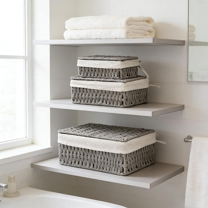 Woven Storage Baskets with Lids, Set of 3, Gray Paper Rope Wicker Bins with Lids & Removable Liners, Stackable Shelf Organizer Boxes for Bathroom Closet Nursery