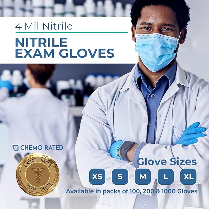 Nitrile Exam Gloves, 4 Mil Thick Chemo-Rated Disposable Gloves, Latex-Free & Powder-Free