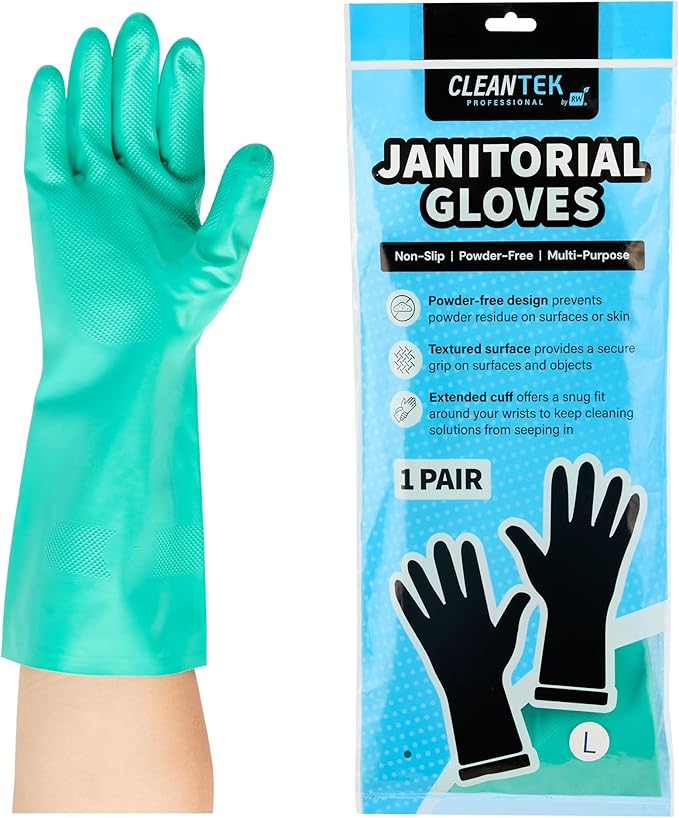 Green Cleaning Gloves 10 Pairs 15 Mil Thick Large Heavy-Duty Nitrile Gloves With Long Cuff No-Latex Flock Lining For Use In Hospitals, Laboratories, Kitchens and Households