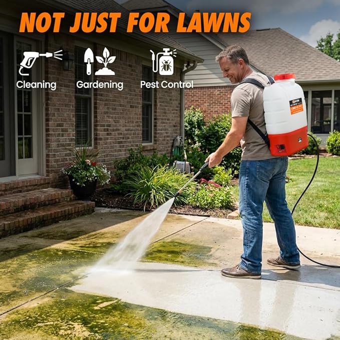 Battery Powered Backpack Sprayer - 4.2 Gallon, 8 Nozzles, 100PSI Cutoff, Long Battery Life, Wide Mouth, High-Pressure Spray Hose, Trigger Lock, Pressure Knob Controller