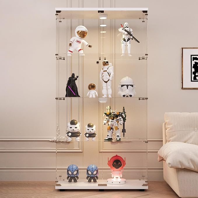 LFT HUIMEI2Y Glass Display Cabinet with LED Lights and Lock, 2 Door Curio Cabinets, Tempered Glass Collection Display Showcase for Bedroom, Living Room 65” White