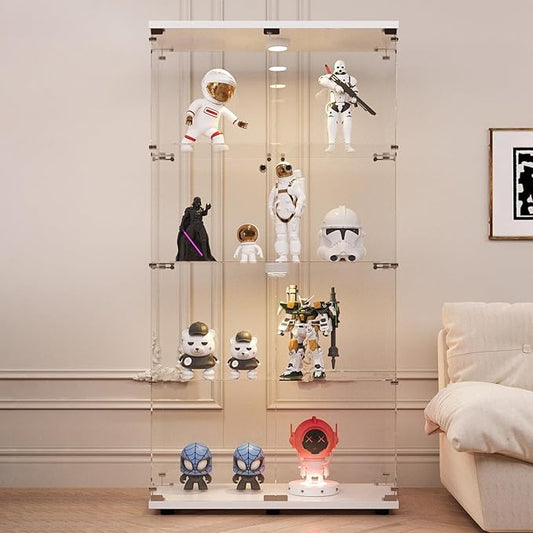 LFT HUIMEI2Y Glass Display Cabinet with LED Lights and Lock, 2 Door Curio Cabinets, Tempered Glass Collection Display Showcase for Bedroom, Living Room 65” White