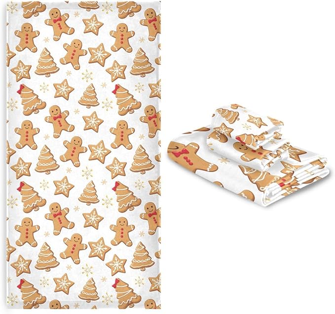 Gingerbread Man Towels Set of 3 Christmas Winter Bathroom Towel Soft Absorbent Bath Hand Towels Washcloth Guest Towel Sets Xmas Holiday Bathroom Decorations