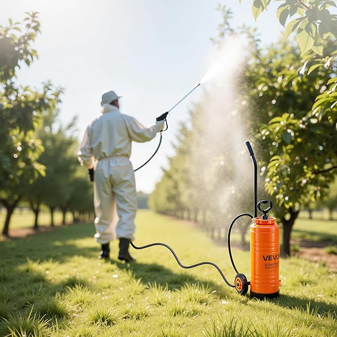 Industrial Concrete Sprayer with Wheeled Cart, 3.5 Gallon Stainless Steel Sprayer, Heavy Duty Tri-Poxy Pump Sprayers, 20.5"Wand, 48" & 120"Hoses, 2 Brass Nozzles for Construction, Lawn & Garden