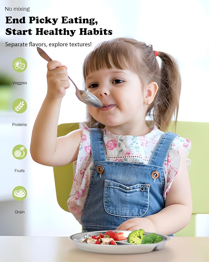 Stainless Steel Kids Plates 4 Packs, 8" Divided Toddlers Portion Control Plate, Non Toxic & BPA Free |Unbreakable |Dishwasher Safe Baby Snack Dish for Daycare, Restaurant Outings & Travel
