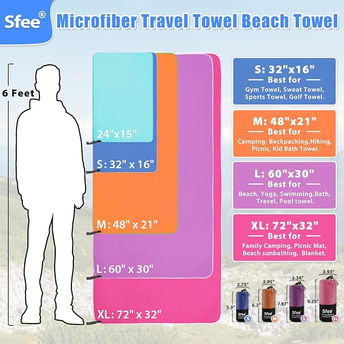 2 Pack Microfiber Travel Towel, Quick Dry Camping Towel Large Beach Towel Super Absorbent Compact Lightweight Sports Gym Towels for Beach, Gym, Hiking, Pool, Backpacking, Bath, Yoga