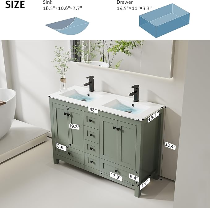 eclife 48" Bathroom Vanities with Sink Combo, Modern Thickened Wood Bathroom Storage Cabinet w/Undermount Double Sink, Matte Black Faucet Drain, Painted Surface, Green