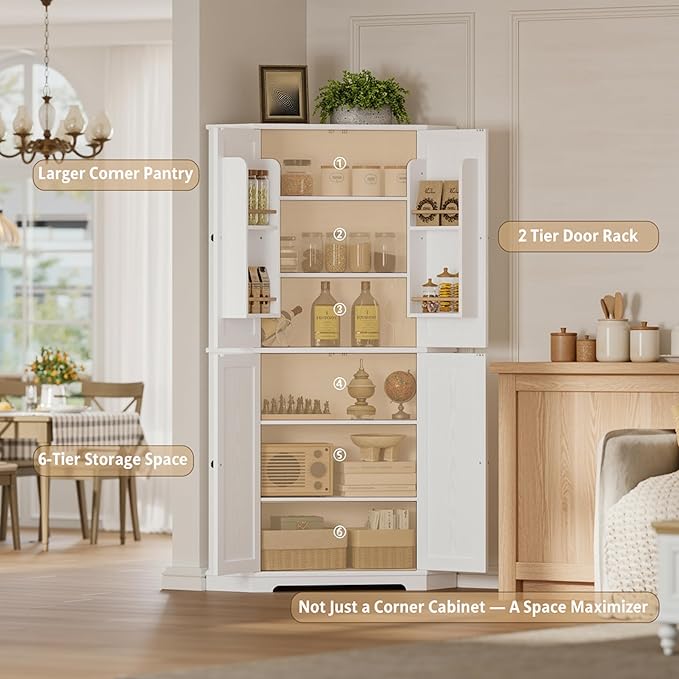 IRONCK Corner Cabinet, 72" H Kitchen Pantry Storage Cabinet, 4 Barn Doors with Storage Rack, 4 Adjustable Shelves, 6-Tier Tall Food Pantry Cabinet, Farmhouse Hutch for Kitchen Dining Room, White