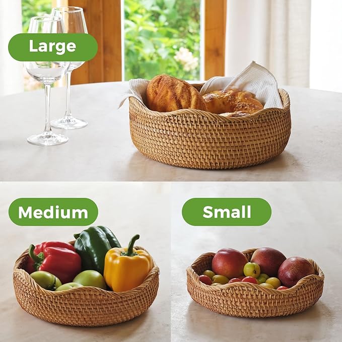 Rattan Bread Baskets Set of 3, Round Woven Serving Basket Bowls, Natural Wicker Storage Basket Key Holders Stackable for Kitchen Counter Organizing, Decorative Baskets for Snack, Fruit, Vegetable