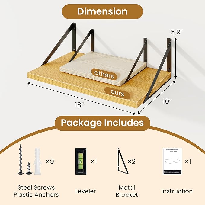 Floating Shelves for Wall,18" Wall Mounted Shelves Set of 2,Wood Floating Shelf with Bracket,Sturdy Metal Bracket Bookshelves Home Decor Storage for Living Room,Bedroom,Bathroom,Kitchen,Oak