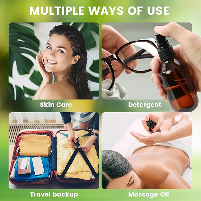 12 Pack 3.4oz Amber Spray Bottles, Small Fine Mist Mister Plastic Travel Bottles, Empty Bottles Set for Essential Oils Hair