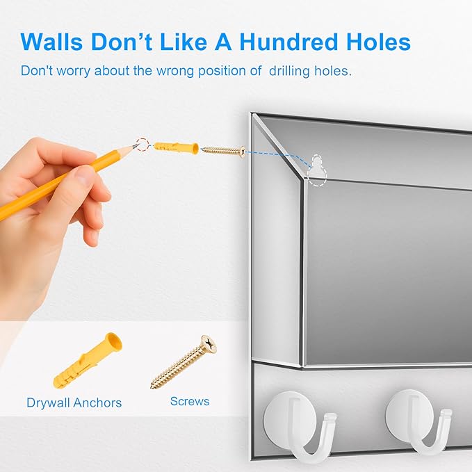 Acrylic Key Holder Wall Mount Mail Organizer for Wall with Shelf Storage Drawer and 5 Hooks, Clear