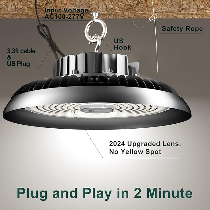 LED High Bay Light 300W（340x1W LED） 45000lm High Bay LED Lights, 5000K High Bay LED Shop Lights with US Plug, AC100-277V UFO Commercial Bay Lighting for 30-55FT Height -2Pack