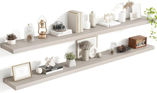 72 Inch Floating Shelves, 8 Inch Deep Floating Shelves for Wall, Hanging Shelf with Invisible Brackets, Deep Shelves for Bathroom, Bedroom, Living Room, Grey, Set of 2