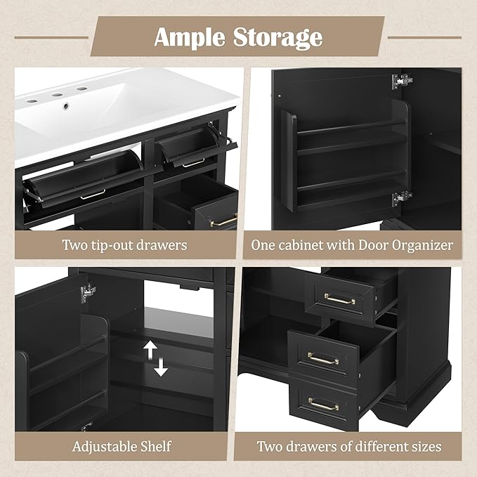 Christopher Knight Home Meril Bathroom Vanity with Ceramic Sink, Wooden Bathroom Storage Cabinet, Pedestal Sink Storage Cabinet, Bathoom Vanity Organizer, Adjustable Door Shelves+Drawer, Black