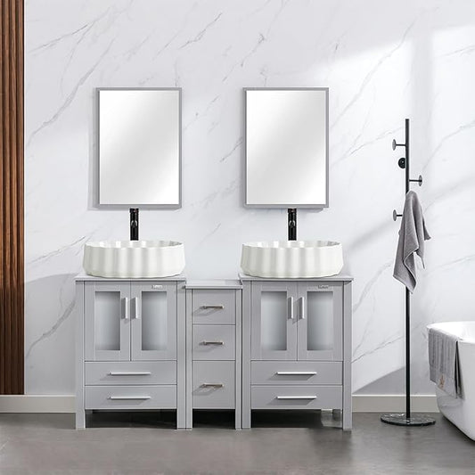 eclife 60" Modern Bathroom Vanity Sink Combo Freestanding Cabinet with Small Side Cabinet, White Shell Ceramic Vessel Sink, Water Save Faucet, Drain (Gray+T54)