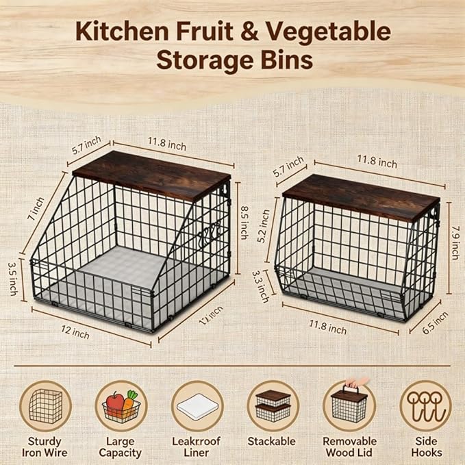 Wall Mounted Fruit Basket with Wood Lid, Hanging Kitchen Storage for Fruits, Vegetables, Potatoes, Onions | Heavy-Duty Carbon Steel & Solid Wood, Black, Space-Saving Countertop Organizer (S)