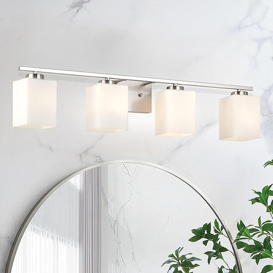 Edvivi Bathroom Light Fixtures, 4-Light Modern Brushed Nickel Vanity Light Over Mirror, Wall Sconces with Square White Glass Shades for Living Room, Bedroom, Hallway, E26 Base