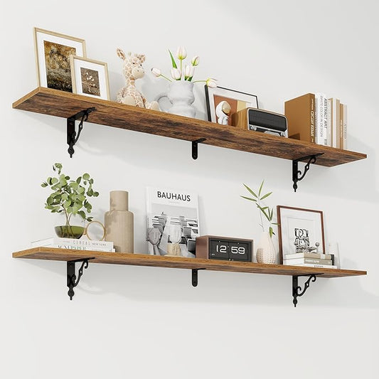 RICHFOCUS Floating Shelves for Wall Decor, 55.1W x 8D Shelf Set of 2, 8 Inch Deep Rustic Wood Shelves Wall Mounted with Brackets, Long Shelves for Living Room Bedroom Kitchen, Rustic Brown