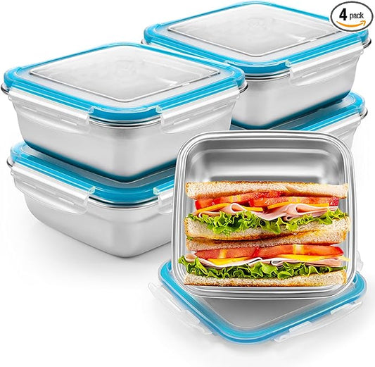 4 Pack Stainless Steel Sandwich Containers with Lids 25.4 oz Metal Food Container for Lunch Boxes with Airtight Silicone Seal for Sandwiches and Snacks(Light Blue)